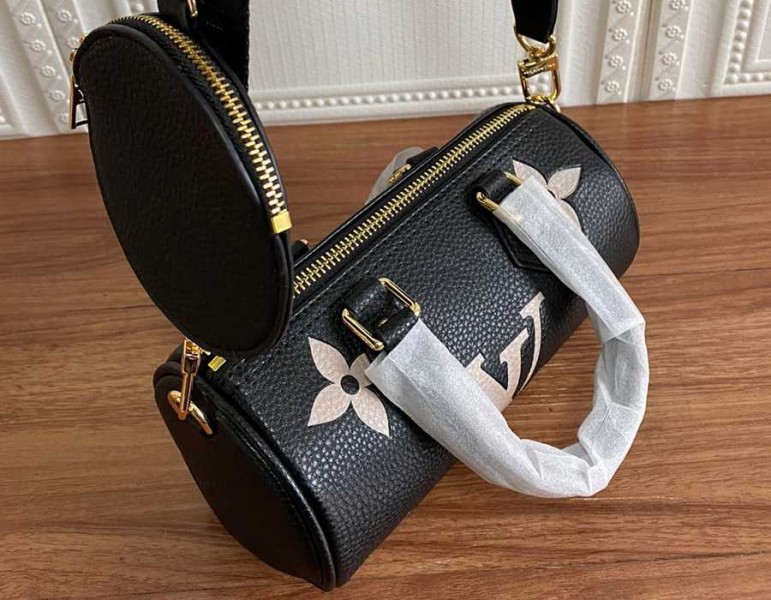 Louis Vuitton Monogram Empreinte Papillon BB Bag In Black And Beige angle 4