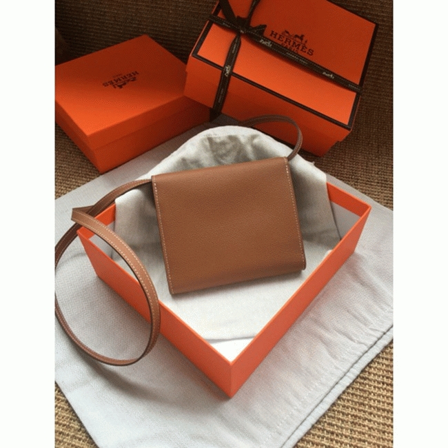 Brown perfect fake Hermes Clic wallet with strap angle 5