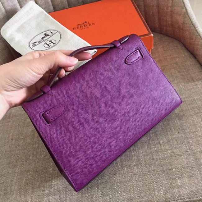 Cyclamen Epsom Knockoff Hermes Kelly Pochette Light Purple Clutch angle 3