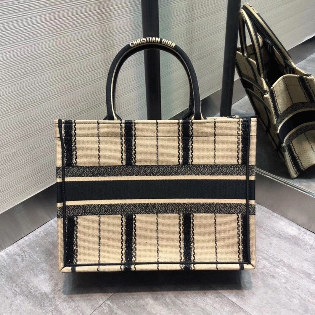 Dior Medium Book Tote Bag Fake in Black and Beige Bayadère Embroidered angle 5