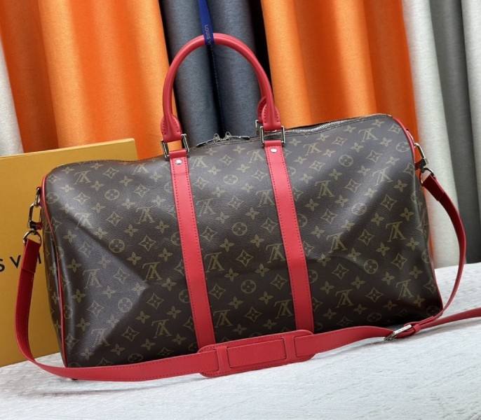 Louis Vuitton Monogram Macassar Canvas Keepall Bandouliere 50 In Sari Red angle 3