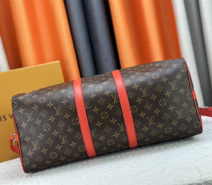 Louis Vuitton Monogram Macassar Canvas Keepall Bandouliere 50 In Red angle 5