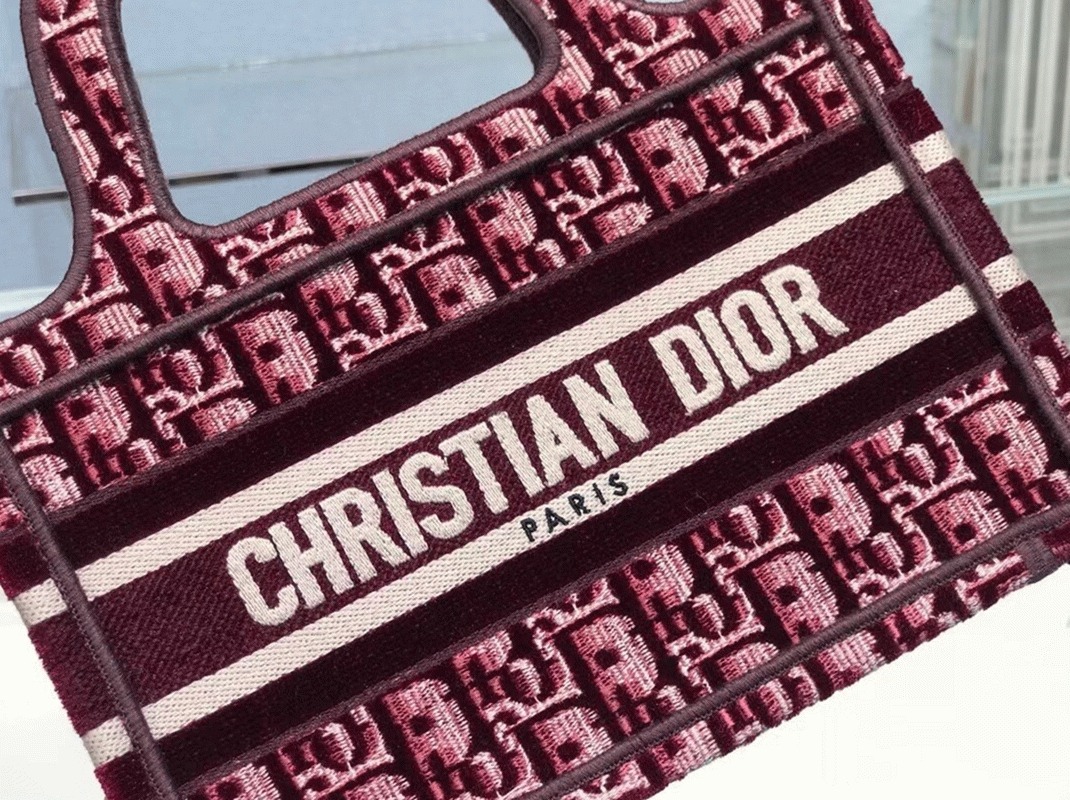 Dior Mini Book Tote Bag Replica in Bordeaux Velvet Oblique Embroidered angle 4