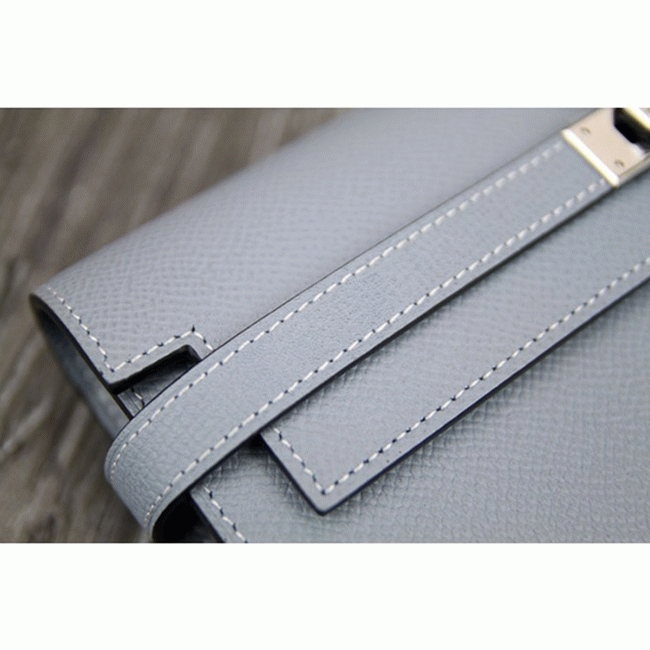 Blue lin knockoff Hermes Kelly Longue wallet angle 4