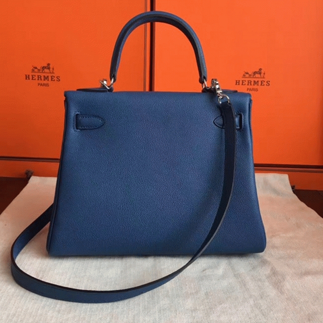 Blue Agate Clemence Fake Hermes Kelly Retourne 28cm Tote angle 2