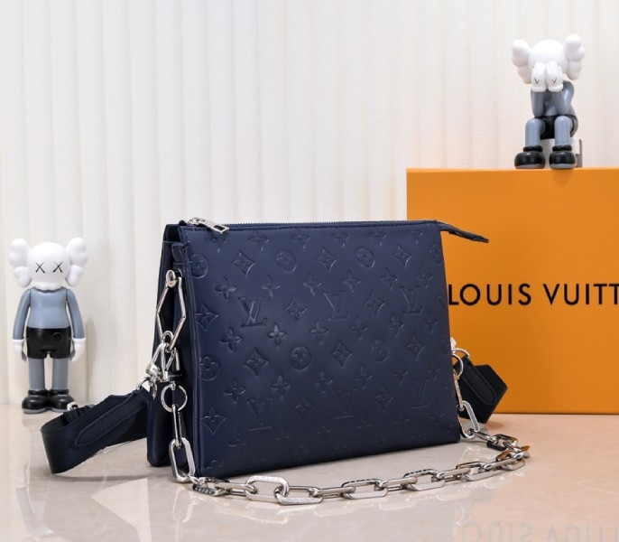 Louis Vuitton Coussin PM Bag In Navy Blue With Jacquard Strap angle 3
