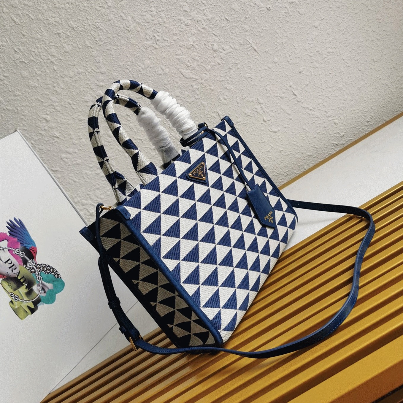 Prada Symbole Small Bag Knockoff in White/Blue Jacquard Fabric angle 3