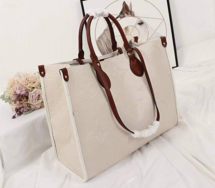 Louis Vuitton Monogram Empreinte Giant Onthego GM Tote In Cream – Brown angle 2