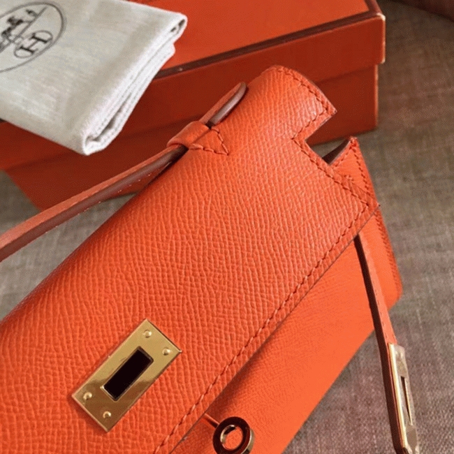 Orange Epsom Replica Hermes Kelly Pochette Bright Mini Purse angle 3