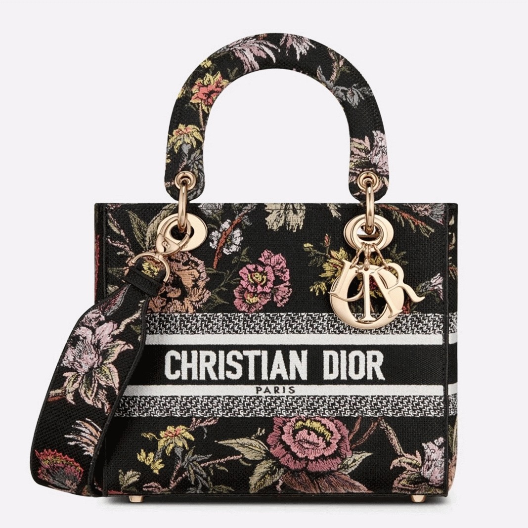 Dior Lady D-Lite Medium Bag Replica in Black Jardin Botanique Embroidery