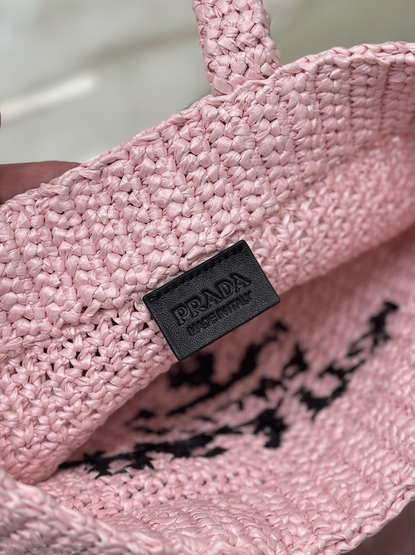 Prada Small Crochet Tote Bag Replica in Pink Raffia-effect Yarn angle 5