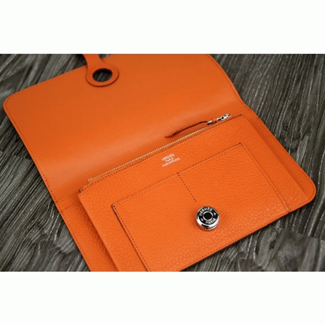 Orange knockoff designer Hermes Dogon combine wallet angle 2