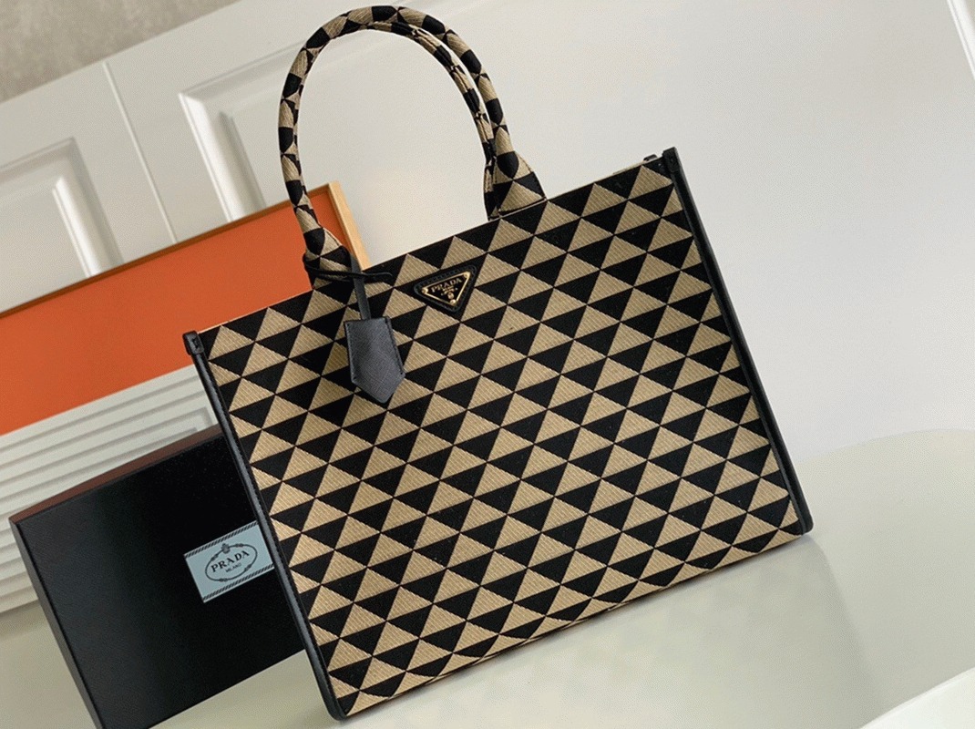 Prada Symbole Large Bag Knockoff in Black/Beige Jacquard Fabric angle 5