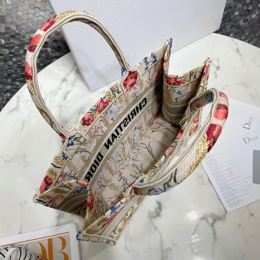 Dior Medium Book Tote Bag Fake in Hibiscus Metallic Thread Embroidery angle 2