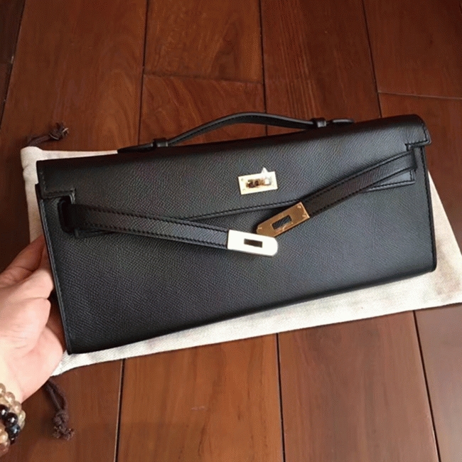 Black Epsom Fake Hermes Kelly Cut Clutch Sleek Handbag angle 5