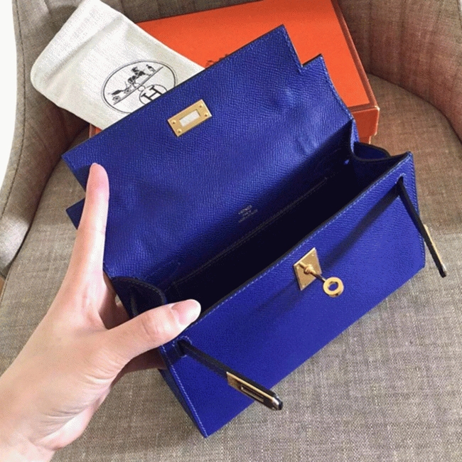Electric Blue Epsom Replica Hermes Kelly Pochette Bright Purse angle 2