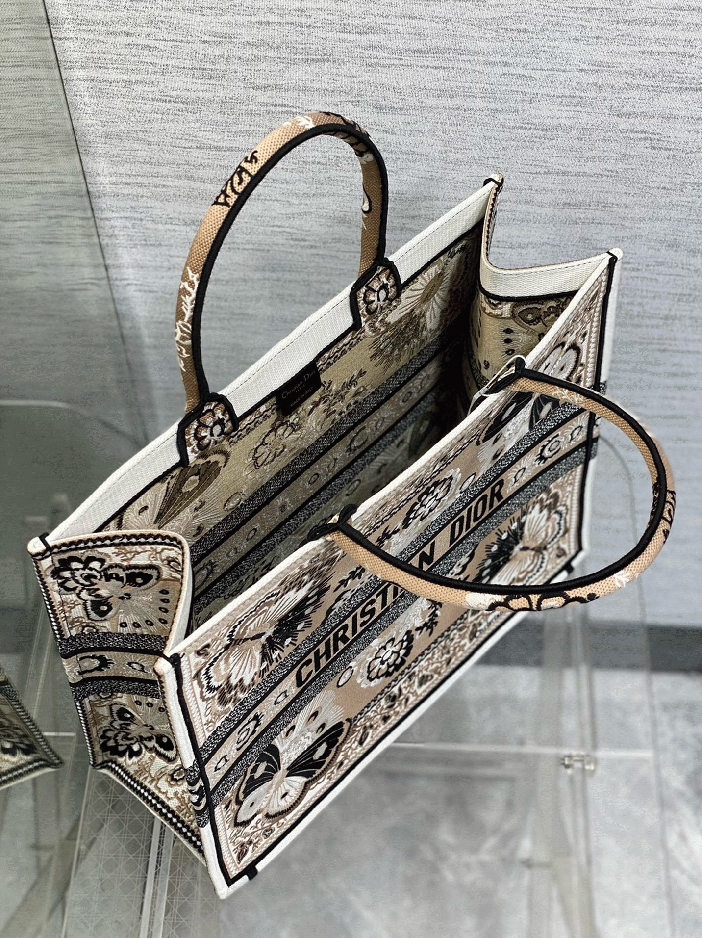Dior Large Book Tote Bag Fake in Beige Butterfly Bandana Embroidery angle 2