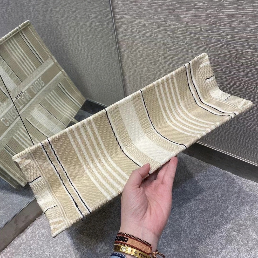 Dior Large Book Tote Bag Replica in Beige Stripes Embroidery angle 2