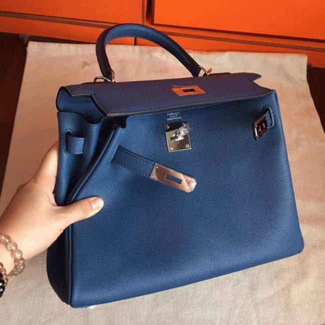 Blue Agate Clemence Fake Hermes Kelly Retourne 28cm Tote angle 5