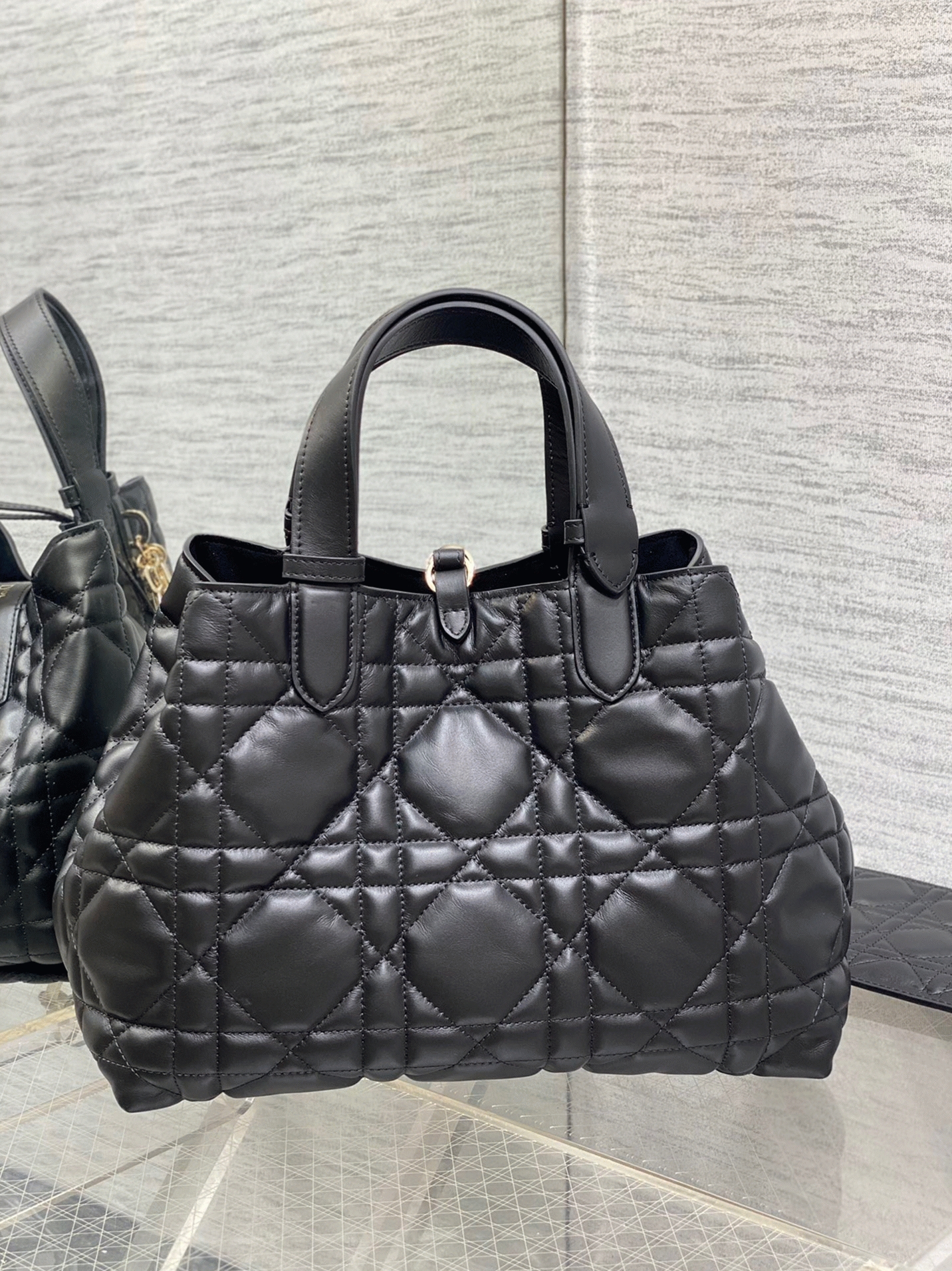 Dior Toujours Medium Bag Replica in Black Macrocannage Calfskin angle 4