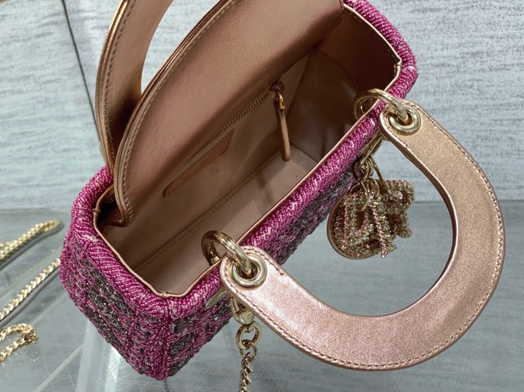 Dior Lady Dior Mini Chain Bag Fake in Satin with Pink Resin Pearl Embroidery angle 4