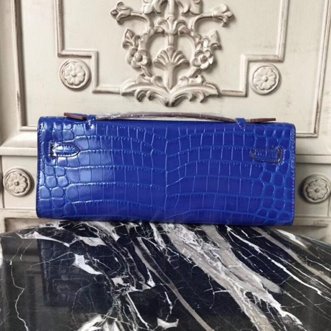 Blue Electric Crocodile Replica Hermes Kelly Cut Clutch Bold Statement angle 2