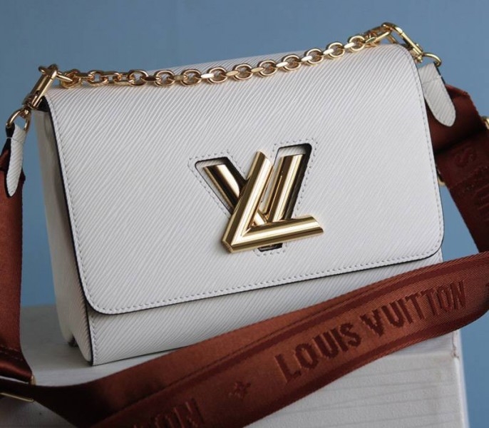 Louis Vuitton Epi Leather Twist MM Bag In Optic White With Jacquard Strap angle 2