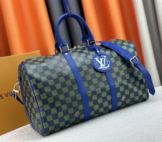 Louis Vuitton Damier Heritage Canvas Keepall Bandouliere 45 In Blue Green angle 2