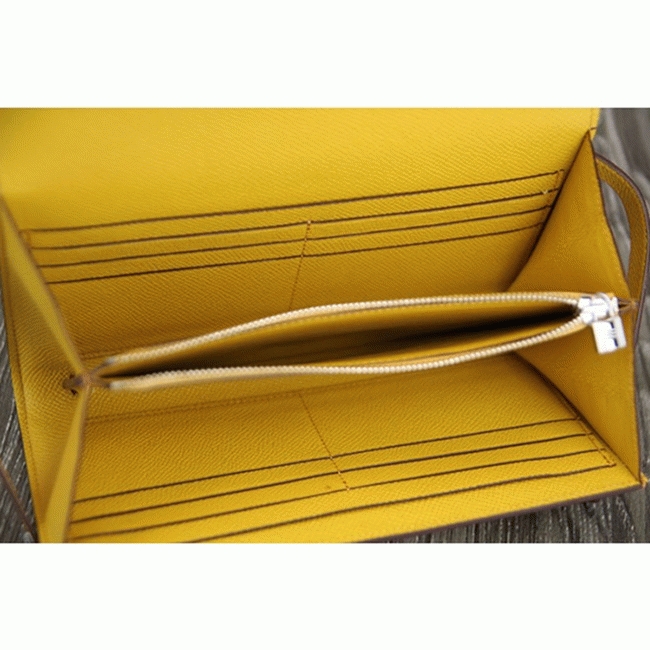 Yellow replica Hermes Kelly Longue wallet angle 3