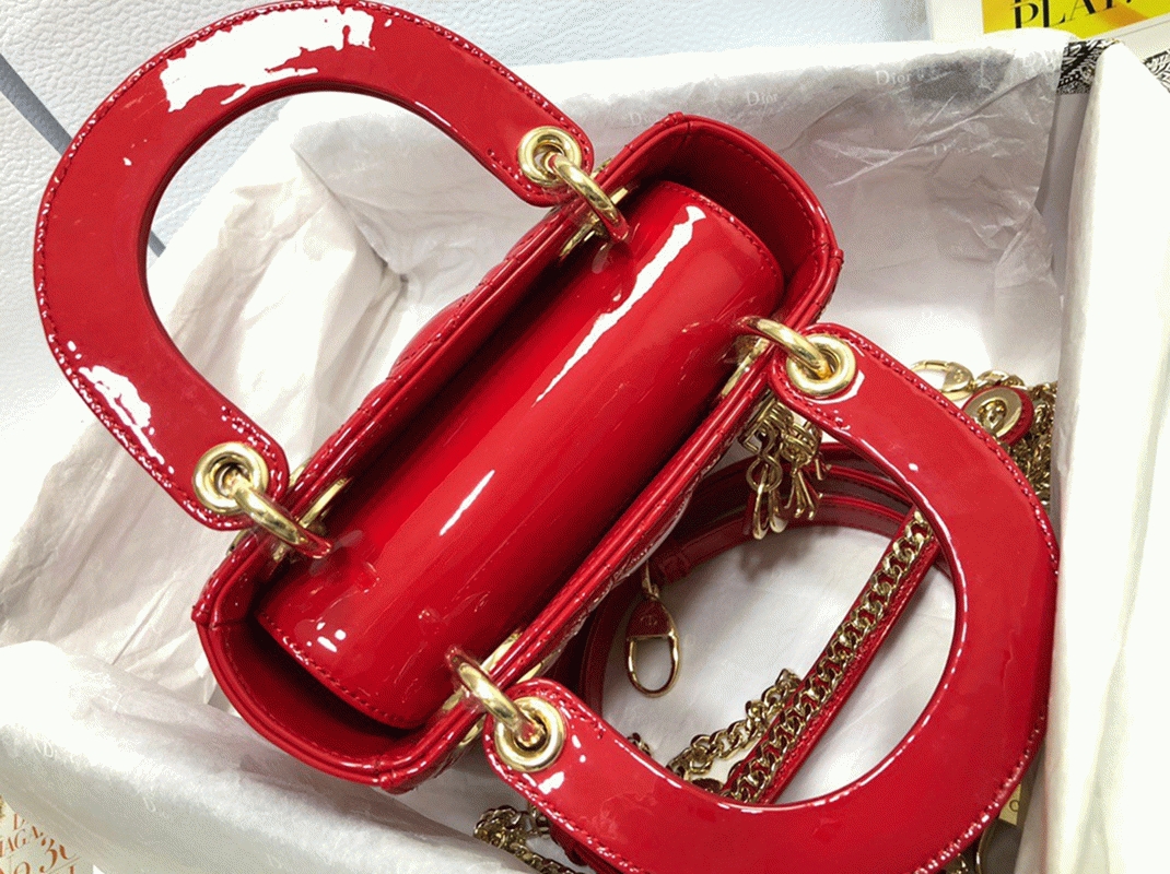 Dior Lady Dior Mini Chain Bag Knockoff with Chain in Red angle 2