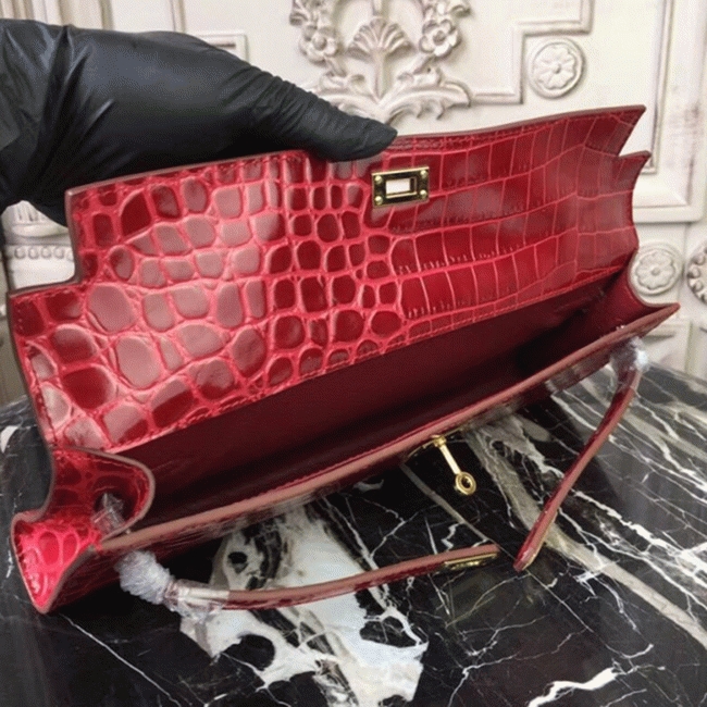 Red Crocodile Copy Hermes Kelly Cut Clutch Exotic Luxury Bag angle 4