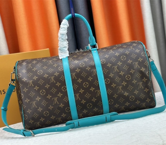 Louis Vuitton Monogram Macassar Canvas Keepall Bandouliere 50 In Turquoise Blue angle 3