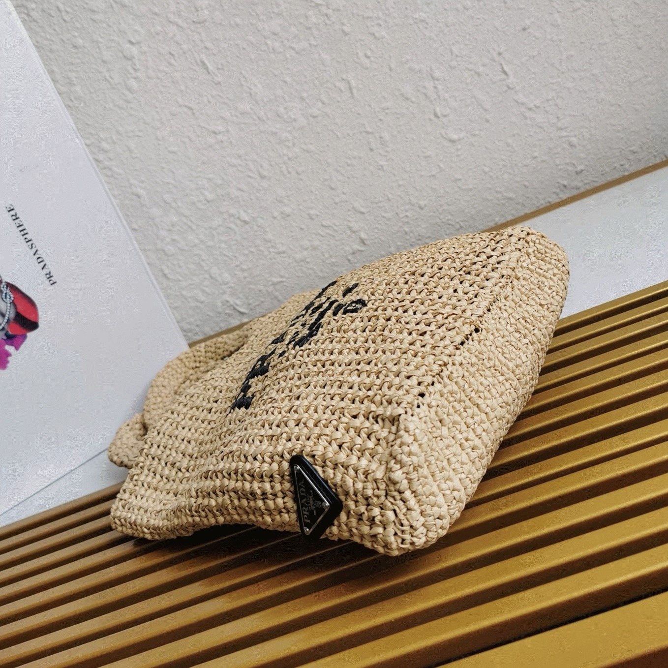 Prada Small Crochet Tote Bag Knockoff in Beige Raffia-effect Yarn angle 3