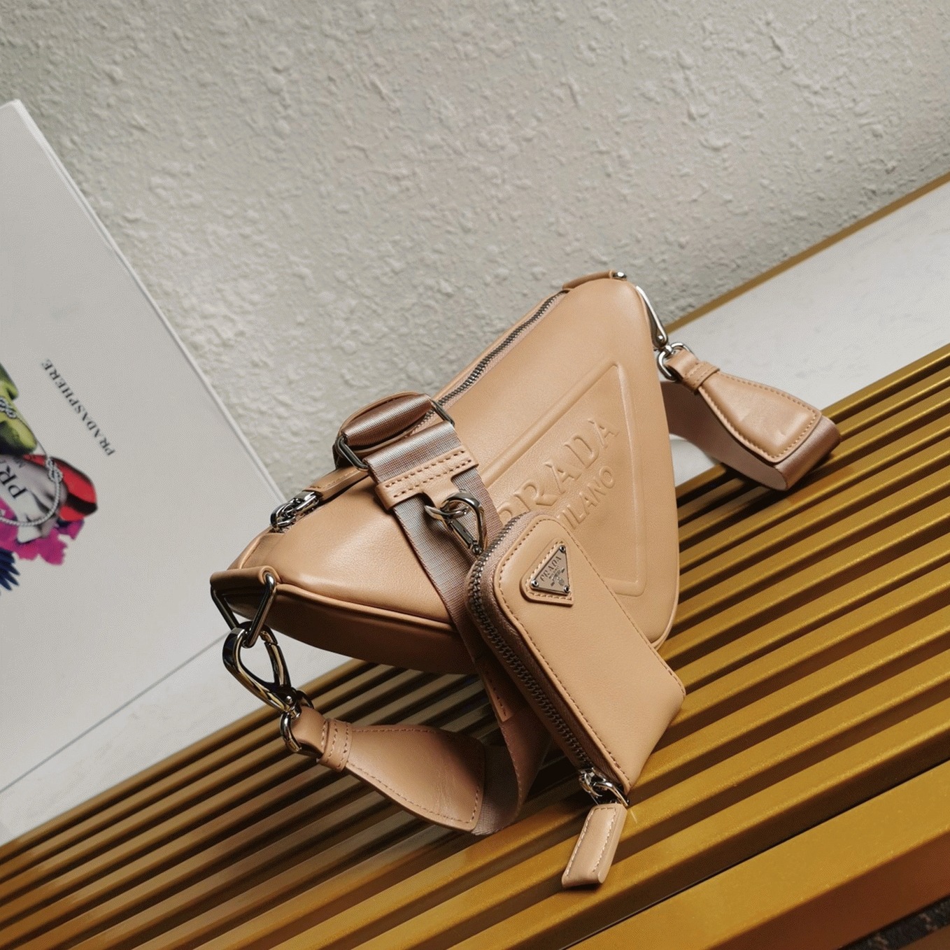Prada Triangle Shoulder Bag Imitation in Beige angle 4
