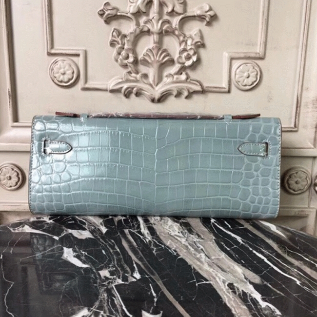 Blue Lin Crocodile Copy Hermes Kelly Cut Clutch Elegant Purse angle 4