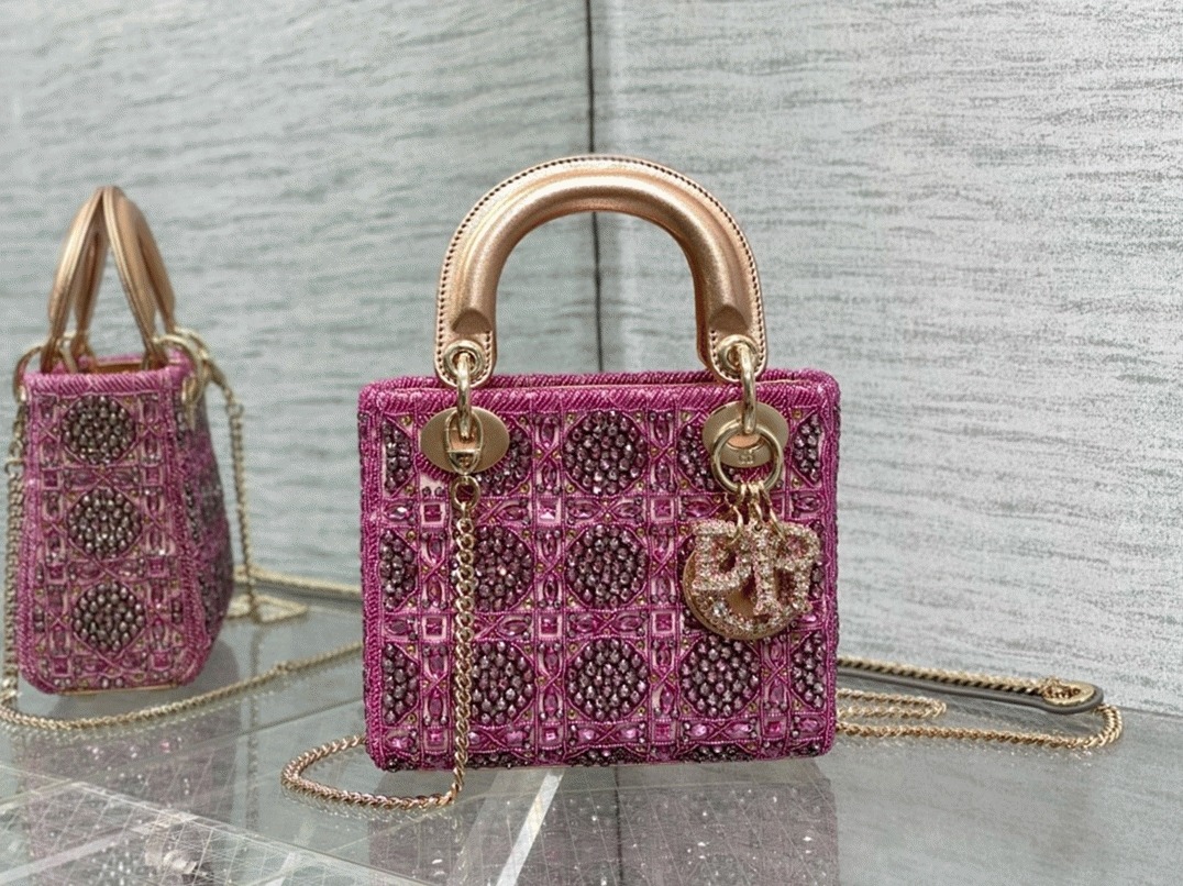 Dior Lady Dior Mini Chain Bag Fake in Satin with Pink Resin Pearl Embroidery angle 2