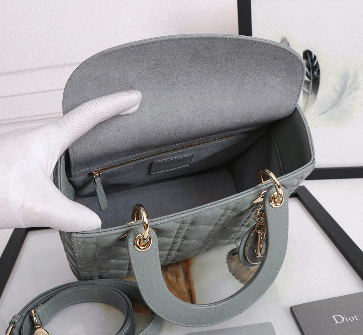 Dior Lady Dior Medium Bag Replica in Grey angle 2