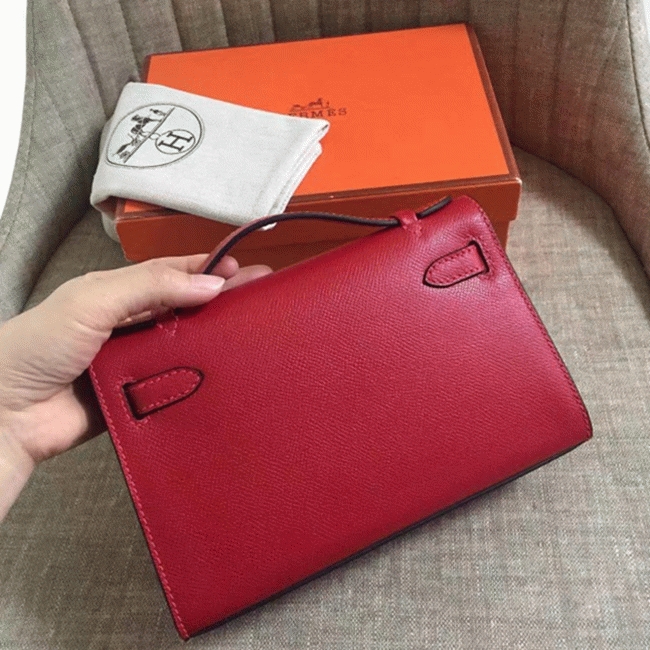 Rouge Vif Epsom Fake Hermes Kelly Pochette Red Bold Clutch angle 4