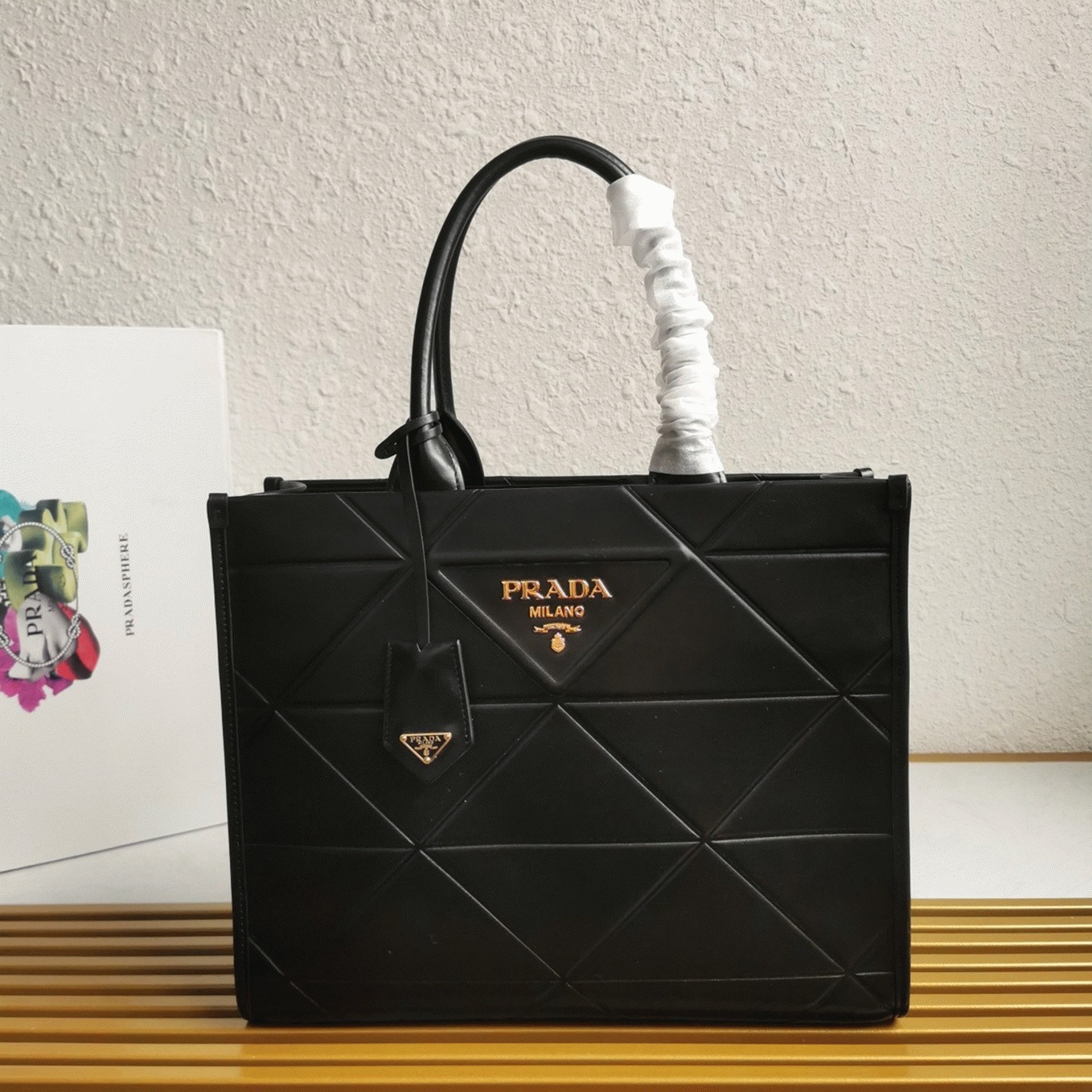 Prada Symbole Medium Bag Replica with Topstitching in Black angle 4