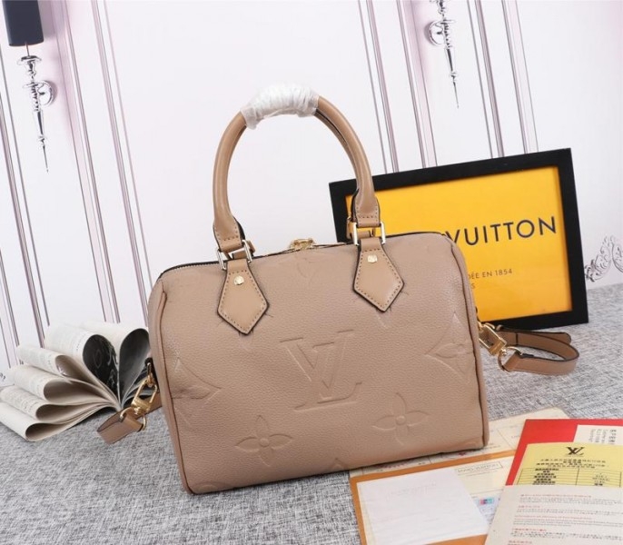 Louis Vuitton Monogram Empreinte Leather Speedy Bandouliere 25 Handbag In Tourterelle Gray angle 3