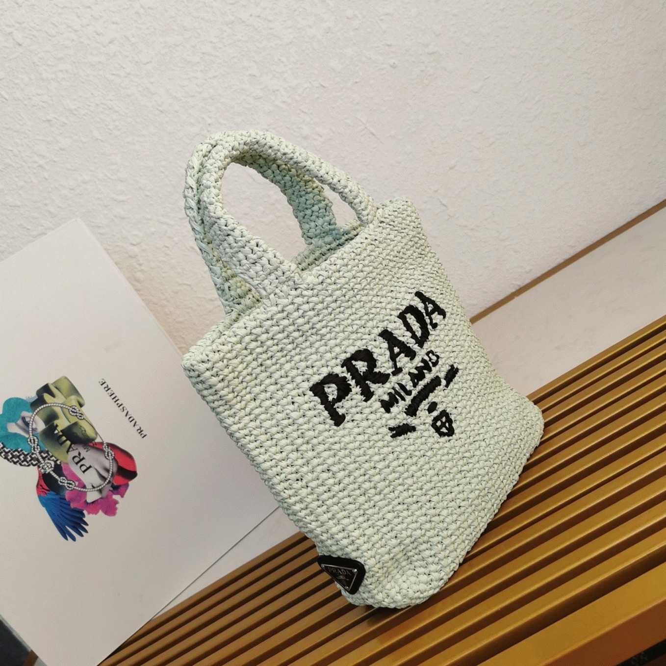 Prada Small Crochet Tote Bag Replica in Aqua Raffia-effect Yarn angle 2