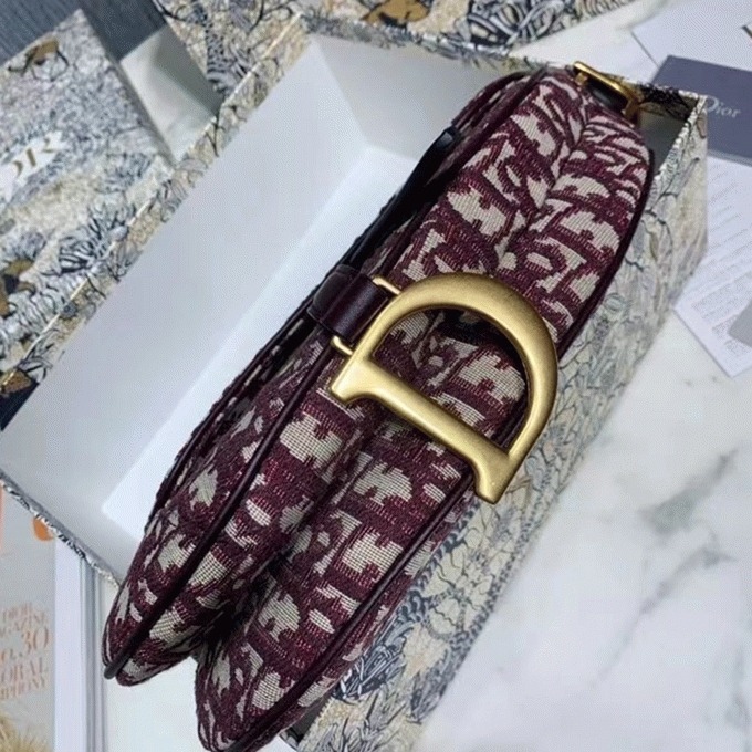 Dior Saddle Bag Faux in Burgundy Dior Oblique Jacquard angle 2