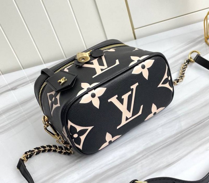 Louis Vuitton Bicolor Monogram Empreinte Vanity PM Bag In Black And Beige angle 4