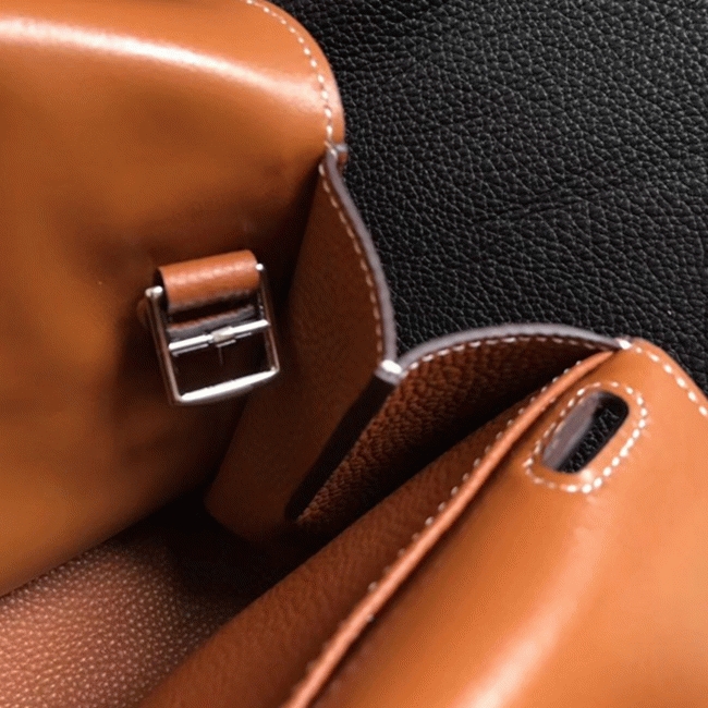 Brown Knockoff Hermes Halzan Classic Leather Handbag angle 3