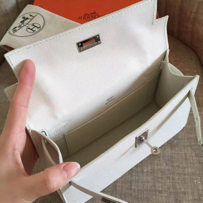 White Epsom Fake Hermes Kelly Pochette Clean Look Mini Bag angle 3