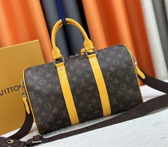 Louis Vuitton Monogram Macassar Canvas Keepall Bandouliere 35 In Safran Yellow angle 4