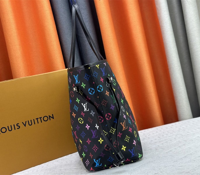 Louis Vuitton X TM Multicolored Neverfull MM In Black angle 3