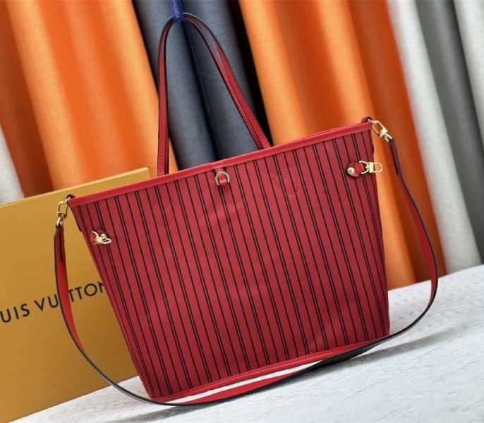 Louis Vuitton Neverfull Bandouliere Inside Out MM Tote In Monogram Canvas And Rouge Sari Textile angle 4