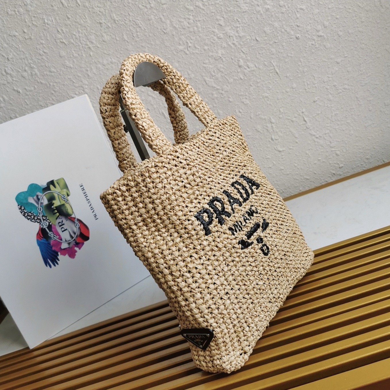 Prada Small Crochet Tote Bag Knockoff in Beige Raffia-effect Yarn angle 4