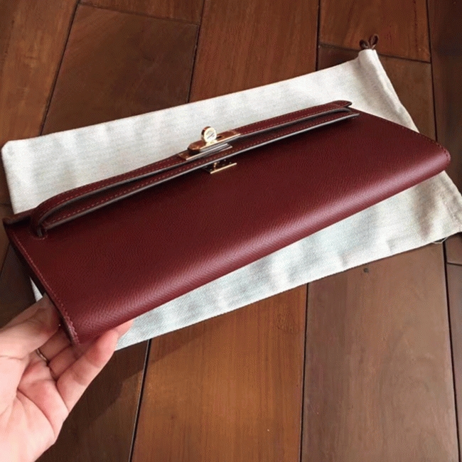 Bordeaux Epsom Fake Hermes Kelly Cut Clutch Sleek Purse angle 2